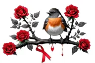 Robin with 2 legs sitting on branch surrounded by a lot of red roses with a cancer ribbon hanging off the end of it tattoo design idea