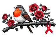 Robin with 2 legs sitting on branch surrounded by a lot of red roses with a cancer ribbon hanging off the end of it tattoo design idea