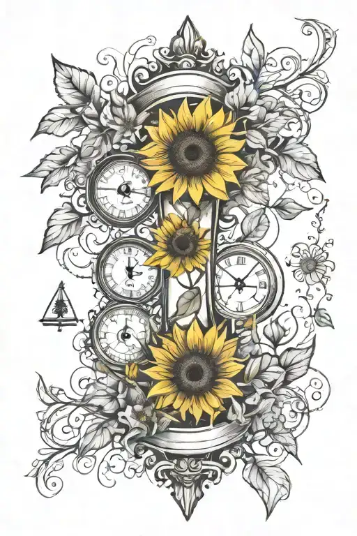 family tree, hour glass, compass, sunflowers tattoo design idea