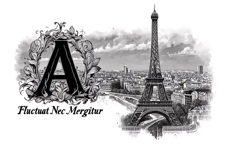 "Fluctuat Nec Mergitur" with the Eiffel Tower shaped "A" tattoo design idea