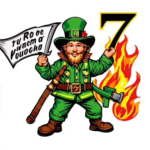 cartoon leprechaun firefighter with fire Maltese cross number 7 tattoo design idea