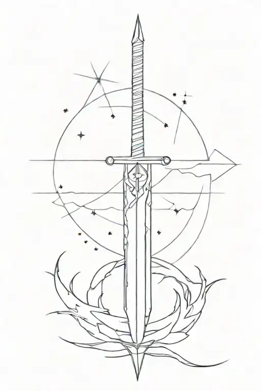 simple long sword that is pointing at the northen star  tattoo design idea