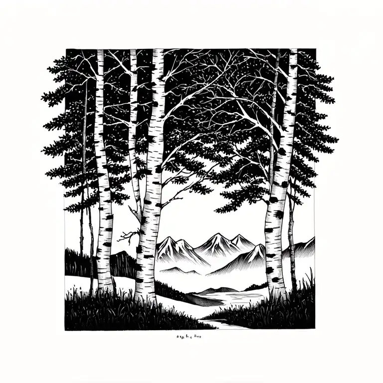 birch trees with mountains in the background tattoo design idea