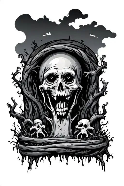 creepy rubber hose style cartoon graveyard tattoo design idea
