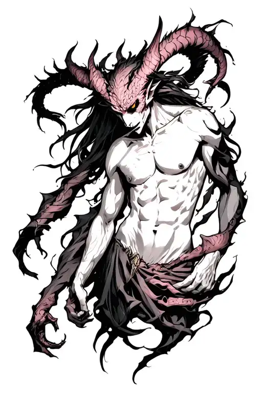 Anime sketch naked demon tattoo sleeve with transitions and shadows in the full hand tattoo design idea