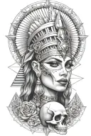  egyption style girl  pharoh and skull, with pyramid and diamonds jewels tattoo design idea