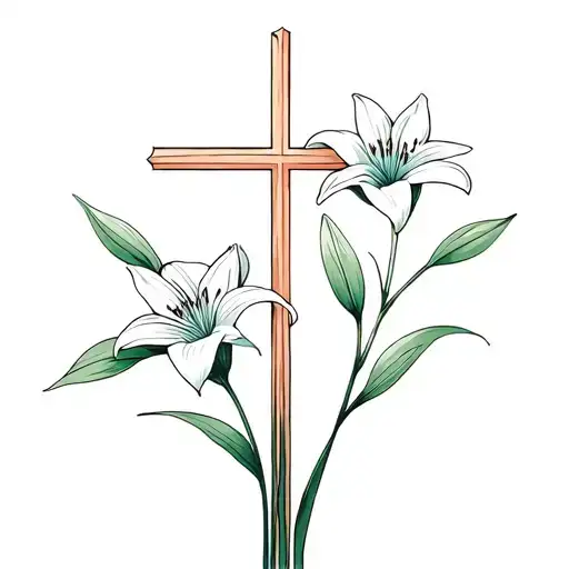 thin cross with dainty white lilies growing along it tattoo design idea