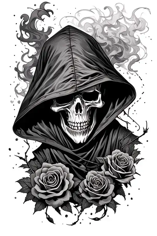 hooded reaper, swirling thick smoke, with falling rose pedals, and barbed wire tattoo design idea