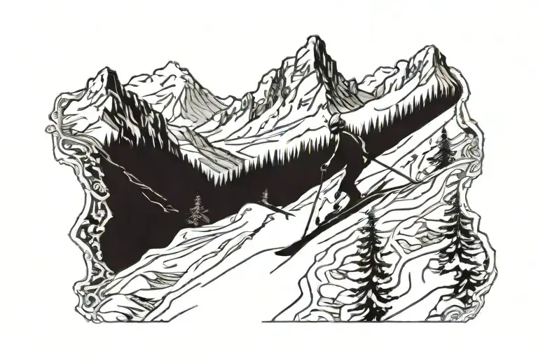 skier carving down a mountain landscape tattoo design idea