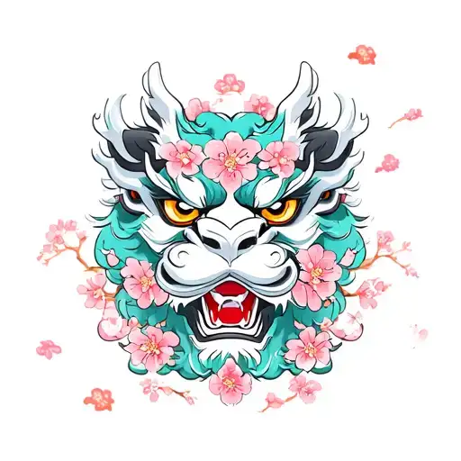 chinese guardian lions with sakura blossoms and beautiful colours a little bit aggressive looking full sleeve tattoo design idea