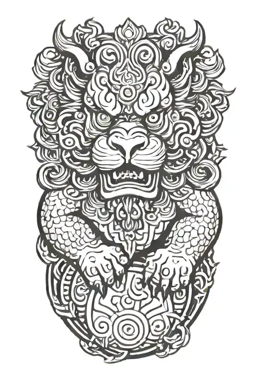 Foo dog holding ball tattoo design idea