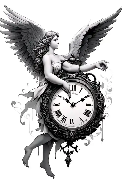 An angel touching a clock surrounded tattoo design idea