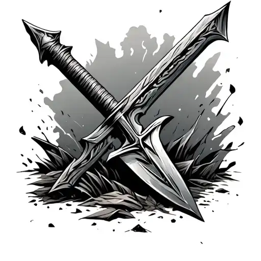 realistic broken Roman spear in ground tattoo design idea