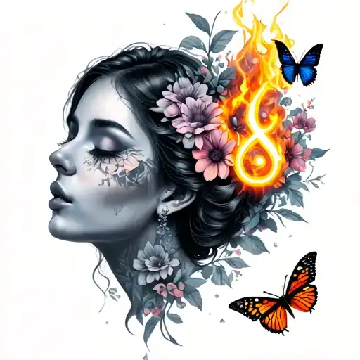 lady with closed eyes with flowers butterflies and fire and a Virgo symbol tattoo design idea