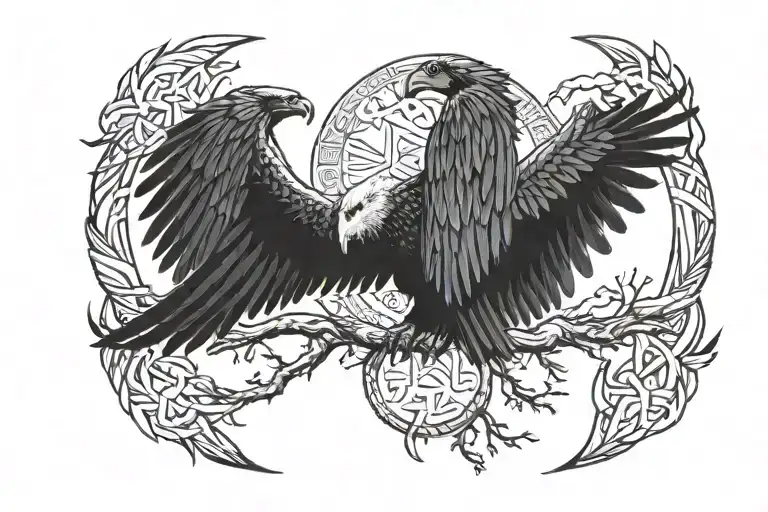 bearded vulture silhouette with viking runes inside and Yggdrasil in the middle of the back tattoo design idea