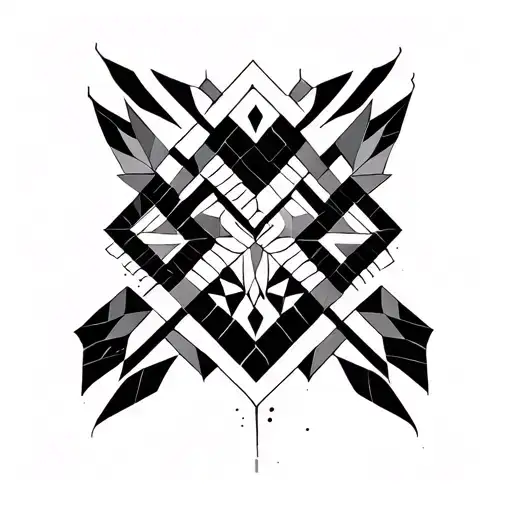 "Create a blackwork tattoo design featuring bold geometric tribal patterns. Include symmetrical elements like arrows, tattoo design idea