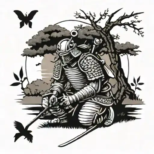 Samurai in armor and helmet kneeling under cherry tree on his sword, head bowed, in view of rising sun and morning birds tattoo design idea