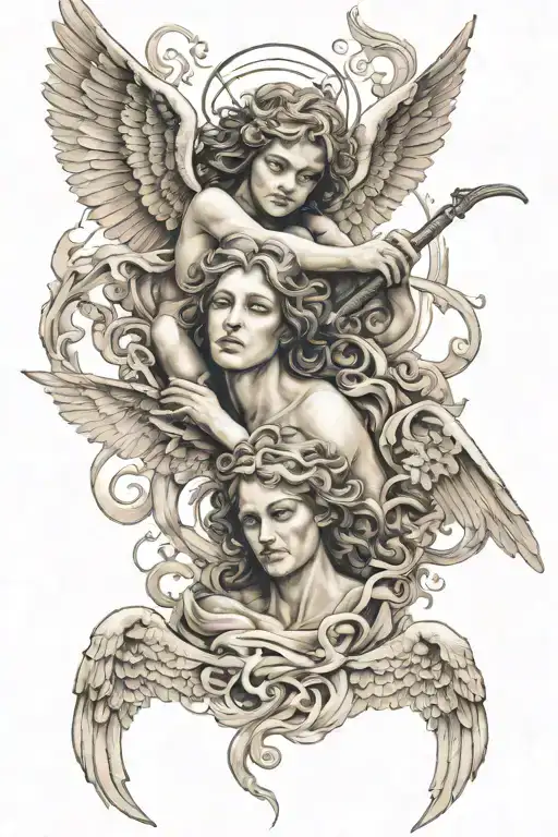 Angels in sepia above, with striking faces, pierce demons below tattoo design idea