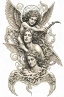 Angels in sepia above, with striking faces, pierce demons below tattoo design idea