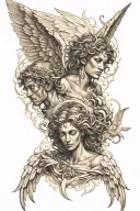 Angels in sepia above, with striking faces, pierce demons below tattoo design idea