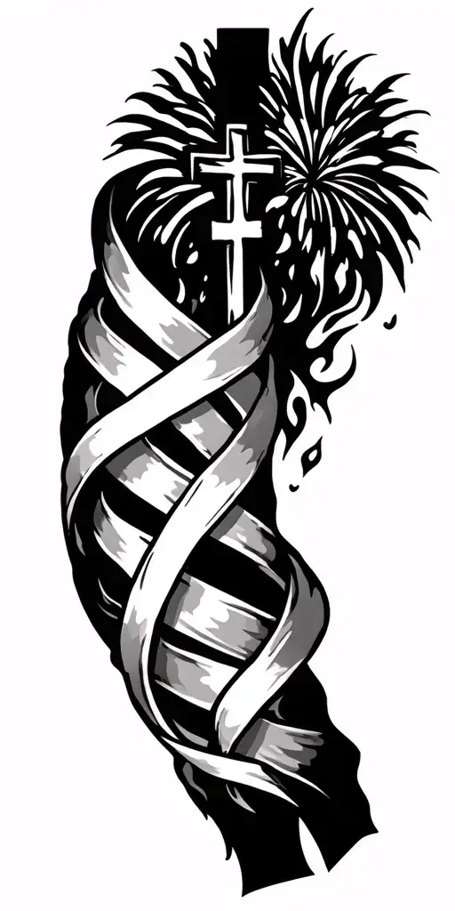 cross wrapped with breast cancer ribboion and fire works coming down the arm tattoo design idea