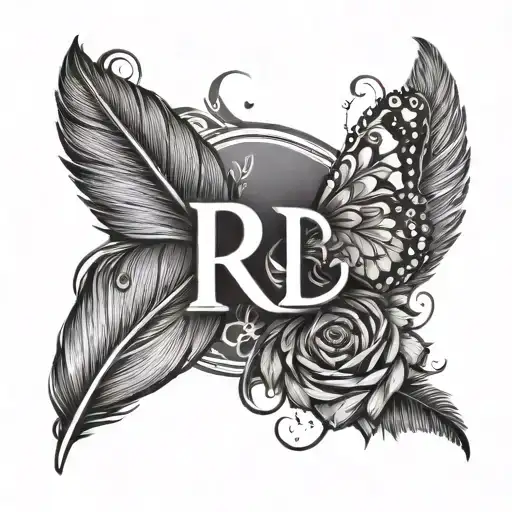 a feather, with the browing logo, a butterfly, the letter r, sparkles and a half tattoo design idea