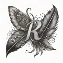 a feather, with the browing logo, a butterfly, the letter r, sparkles and a half tattoo design idea