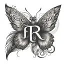 a feather, with the browing logo, a butterfly, the letter r, sparkles and a half tattoo design idea