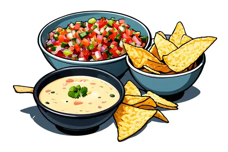 Bowl of pico de gallo and bowl of queso with side of chips tattoo design idea