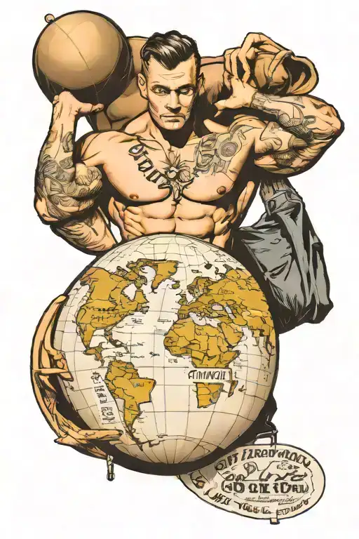 chris bumstead shirt less holding the world globe from scarface movie that quotes "The world is yours"on his shoulders  tattoo design idea