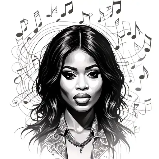 Aaliyah Portrait with music notes tattoo design idea