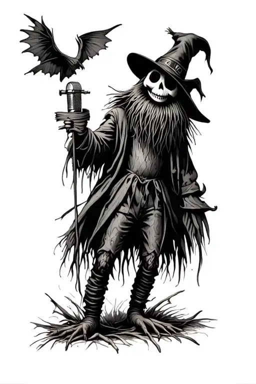 A gothic scarecrow looking forward with microphone tattoo design idea