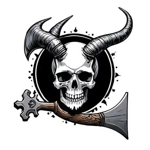 skeleton key, axe, skull with horns, 59 tattoo design idea