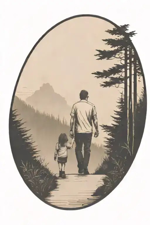father in the middle holding hands with two small girls walking down the road with forest and cliffs in background tattoo design idea