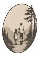 father in the middle holding hands with two small girls walking down the road with forest and cliffs in background tattoo design idea