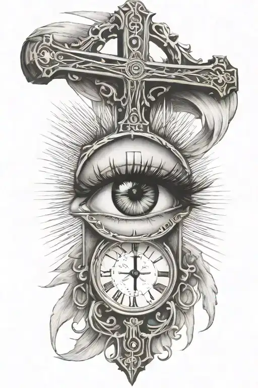 3 Roman numeral dates and Bible verse Matthew 6:23 around an eye with Jesus on the cross inside of the eye tattoo design idea