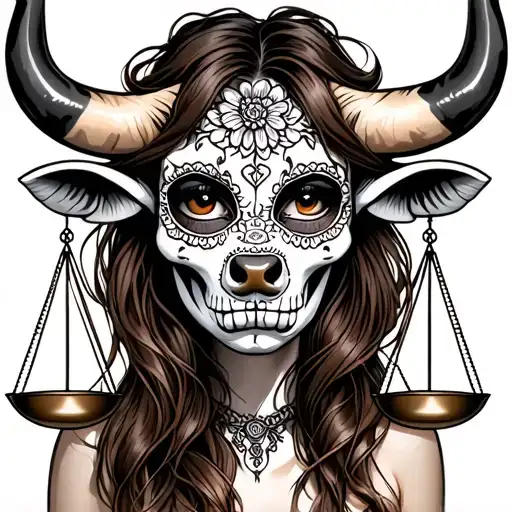 woman bull with sugar skull markings, brown eyes, brown hair and two Libra scales.  tattoo design idea