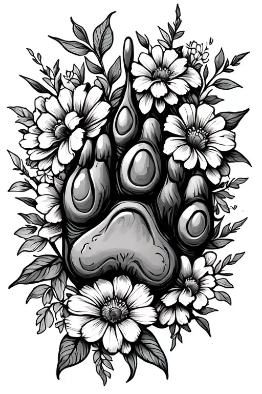 dog paw and flowers intertwined tattoo design idea