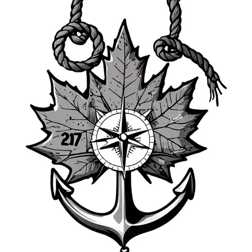 anchor with rope hanging with a compass and maple leaf with the number 27  on it  tattoo design idea