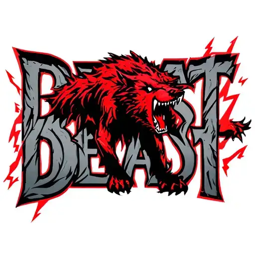red howling werewolf with the word "BEAST" surrounded by red lightning tattoo design idea