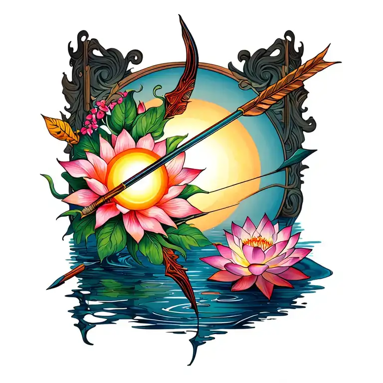 bow, arrow, lotus, and sun tattoo design idea