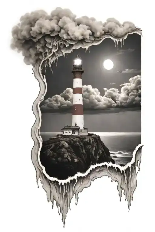 a mountain and an ocean under the storm . a rusty and illuminated lighthouse below . strong waves tattoo design idea