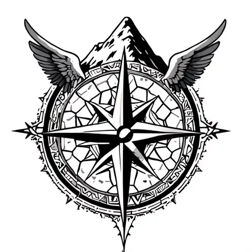 tattoo mountain at top with an aztec compass around it. honey comb ai the background the with angel wings at the boom. a tattoo design idea