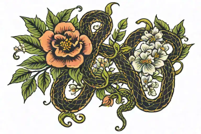 snake wrapped around a branch with the birth flowers of June, July, August, November, December  tattoo design idea