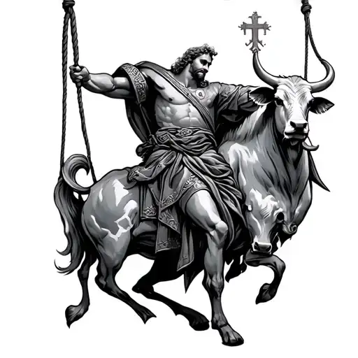 Saint Florian holding a bull by the rope hanging tattoo design idea