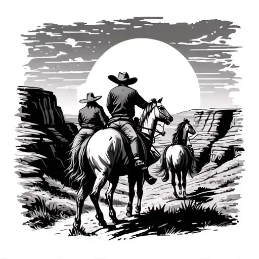backview of horse and cowboy riding horses into a canyon with the sunset in background. with cowboy leading the horse tattoo design idea