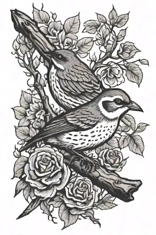 Lark, wood, bird perched tattoo design idea