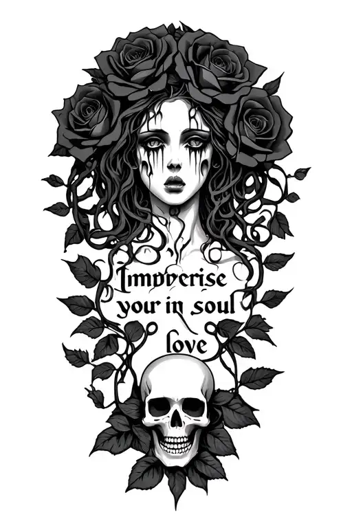"Immerse your soul in love" crying medusa surrounded by  black roses with skulls tattoo design idea
