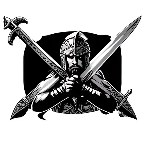Spartan warrior holding 2 swords crossed as symbols tattoo design idea