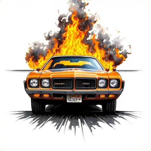 70s car on fire tattoo design idea